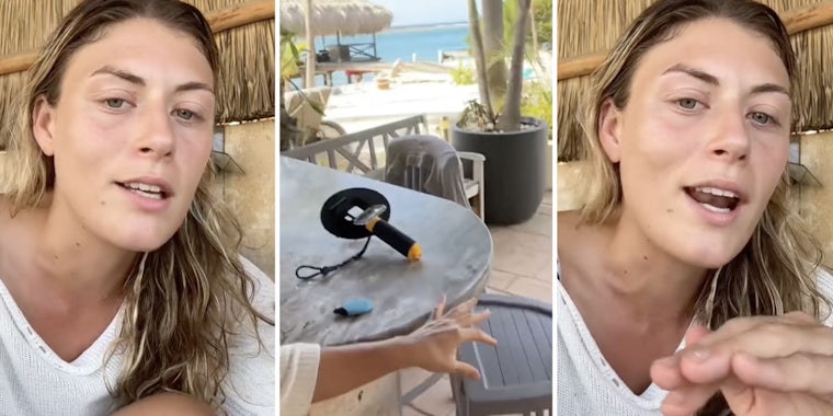 Woman talking(l+r), Tropical resort(c)
