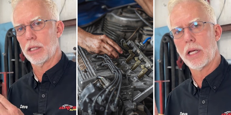 Man talking(l+r), Hands working on engine(c)