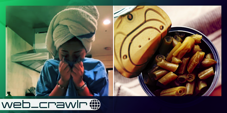 A person looking shocked and covering her mouth next to an open can of green beans. The Daily Dot newsletter web_crawlr logo is in the bottom left corner.