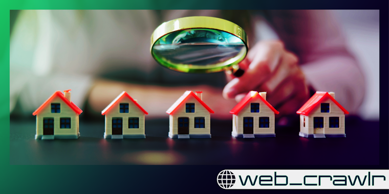 A magnifying glass over model houses. The Daily Dot newsletter web_crawlr logo is in the bottom right corner.