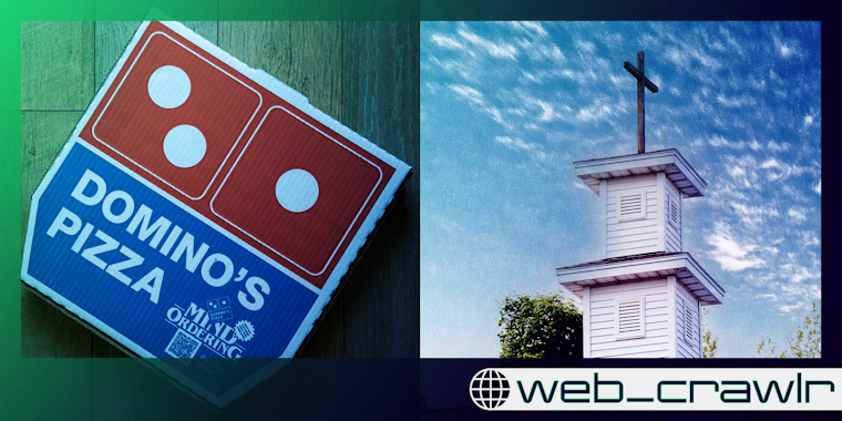 A box of Domino's Pizza next to a church. The Daily Dot newsletter web_crawlr logo is in the bottom right corner.
